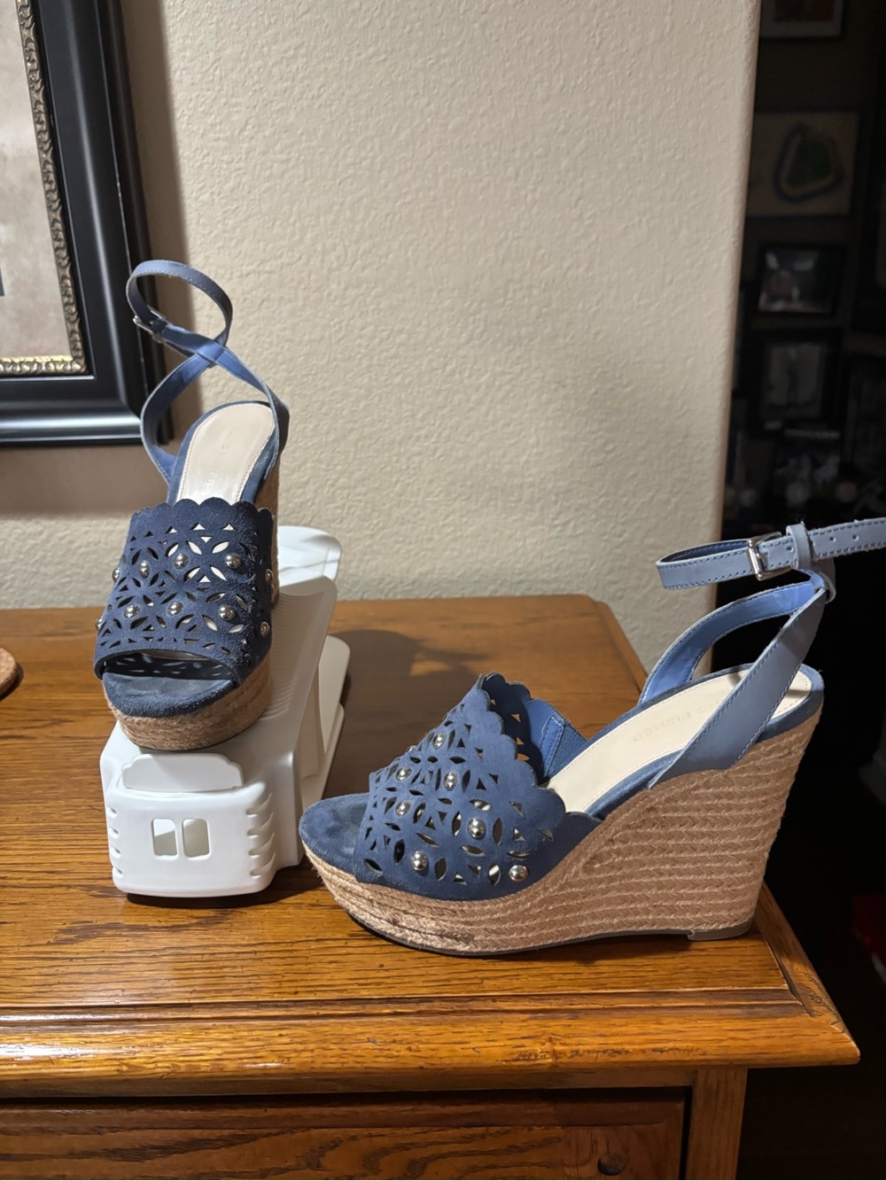 Marc Fisher Navy Laser-Cut Espadrille Wedge Sandals